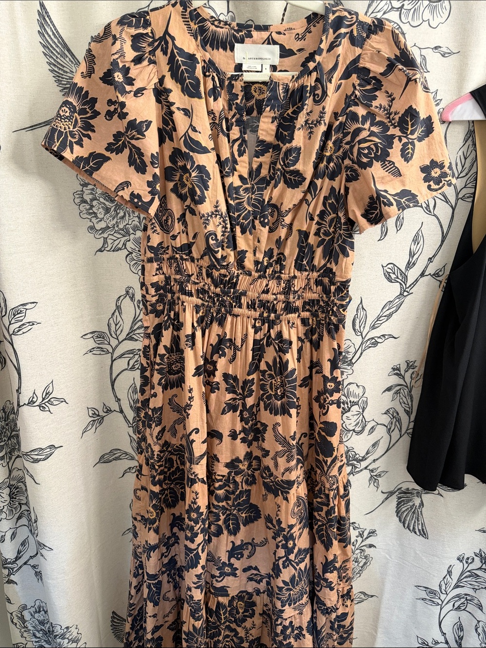 Anthropologie Tan Maxi Dress with Black Floral Print